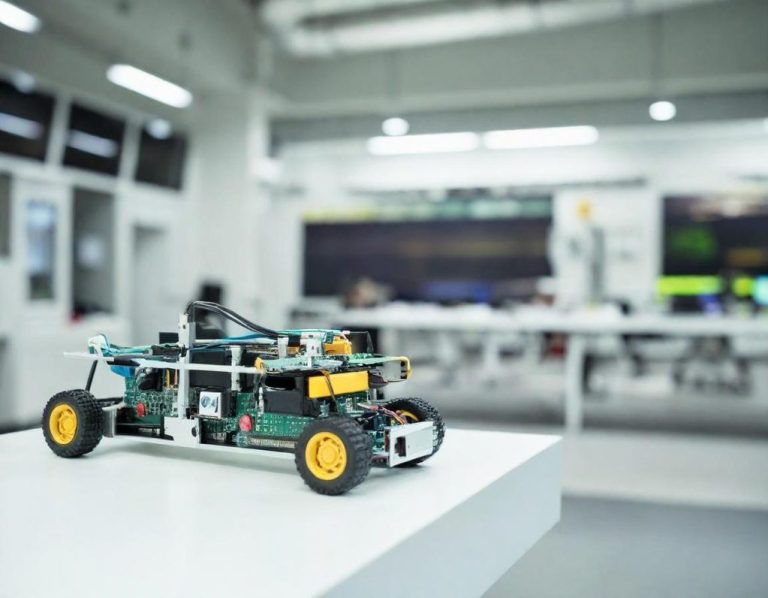 A robotic vehicle model displayed on a table in a modern lab setting.