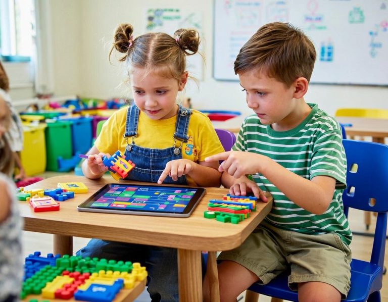 Children playing with building blocks and a tablet in a classroom setting.