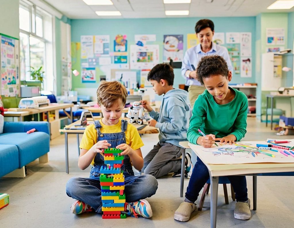 Children building with colorful blocks and drawing in a bright classroom setting.