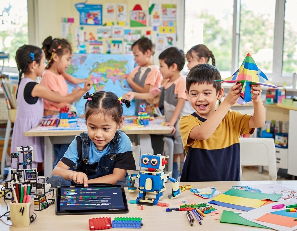 Children engaging in creative activities with toys, art supplies, and a tablet in a classroom.